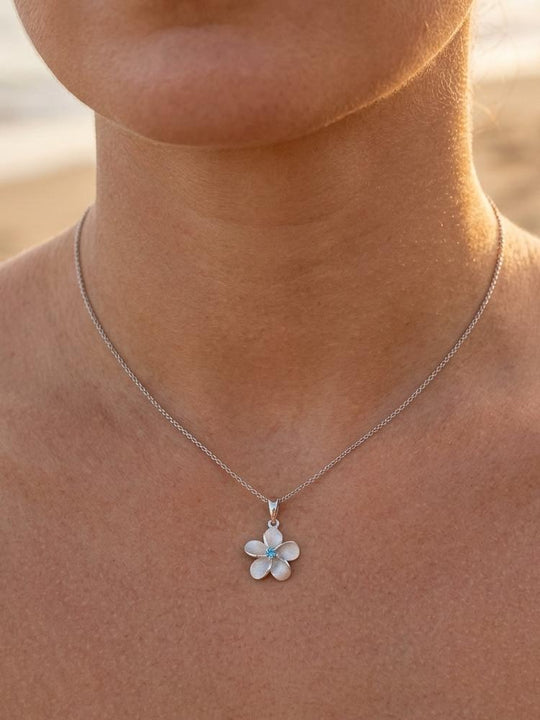 14k 11mm Plumeria Pendant with Blue Diamond