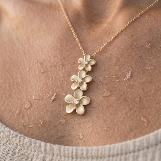 14k 6, 8 & 10mm Plumeria Lei Slide Pendant with 3 diamonds