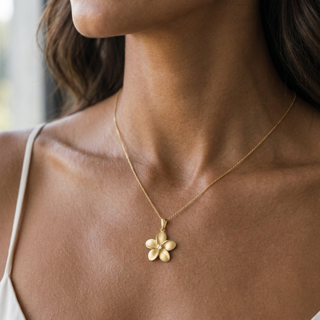18mm 14k Plumeria Pendant with Diamond — worn on model (brunette, view 2)