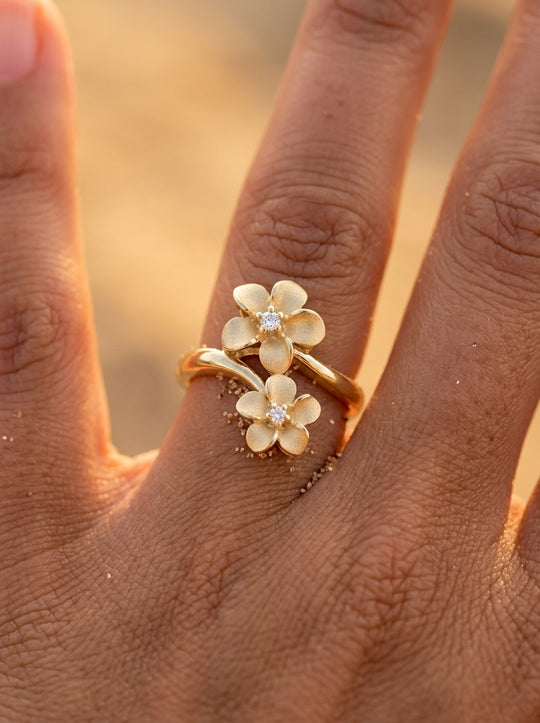 14k 8 and 11mm Plumeria Ring with 2 Diamonds