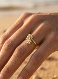 14k 6 & 8mm "HANG 5" Plumeria Ring with 2 diamonds — close-up on model