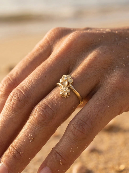 14k 6 & 8mm "HANG 5" Plumeria Ring with 2 diamonds