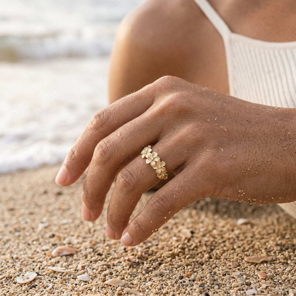 14k 8mm Plumeria Ring with 5 Diamonds — worn on model (brunette, view 3)