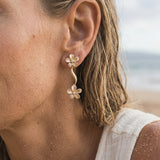 14k Plumeria Lei Earrings with 4 diamonds — worn on model (blonde, view 4)