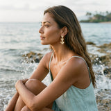 14k Plumeria Lei Earrings with 6 diamonds — worn on model (brunette, view 1)