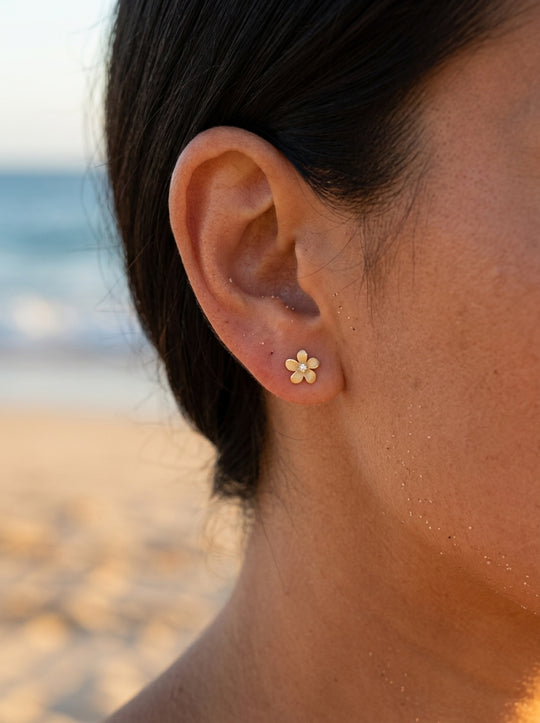 14k 6mm Plumeria Earrings with 2 Diamonds