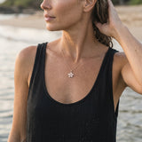 14k 15mm Plumeria Pendant with 0.04 Carat Diamond — worn on model (blonde, view 2)