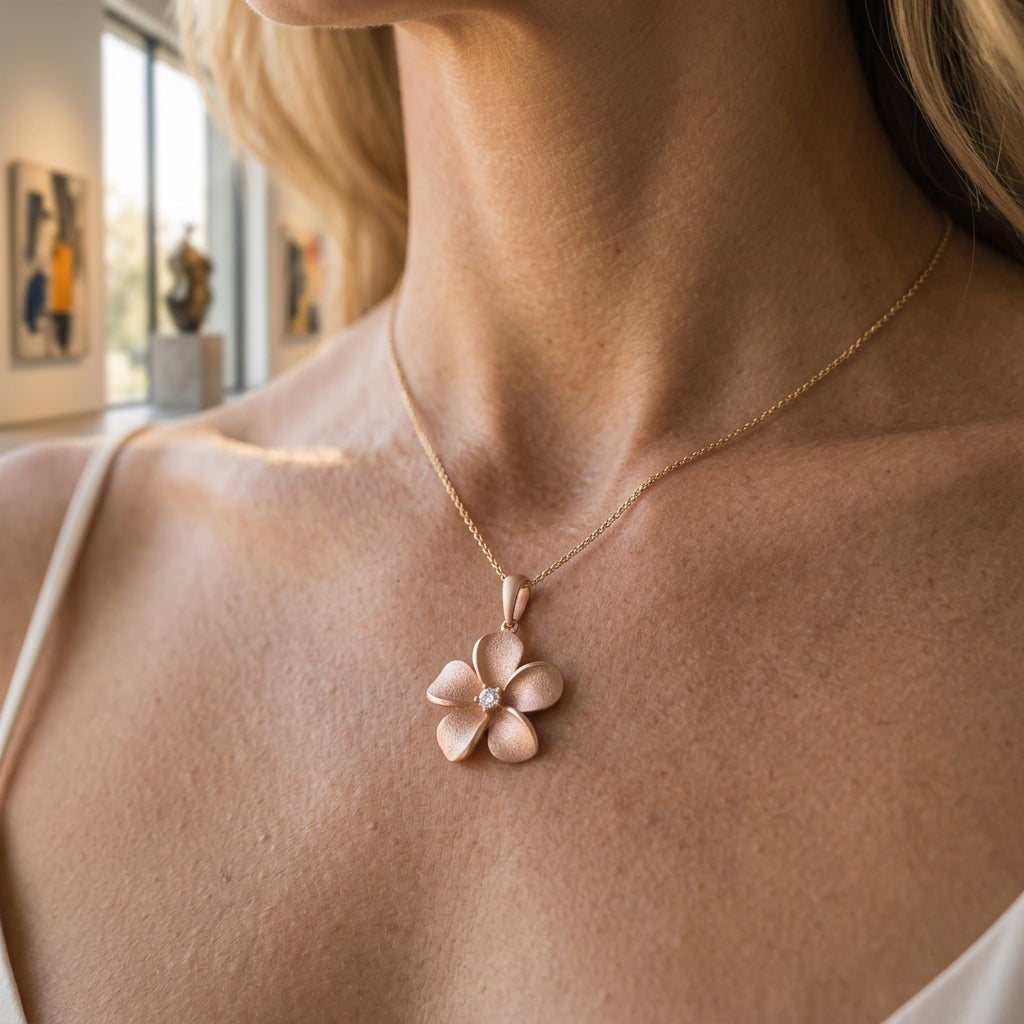 14k 13mm Plumeria Pendant with 0.03 carats diamond — worn on model (blonde, view 2)