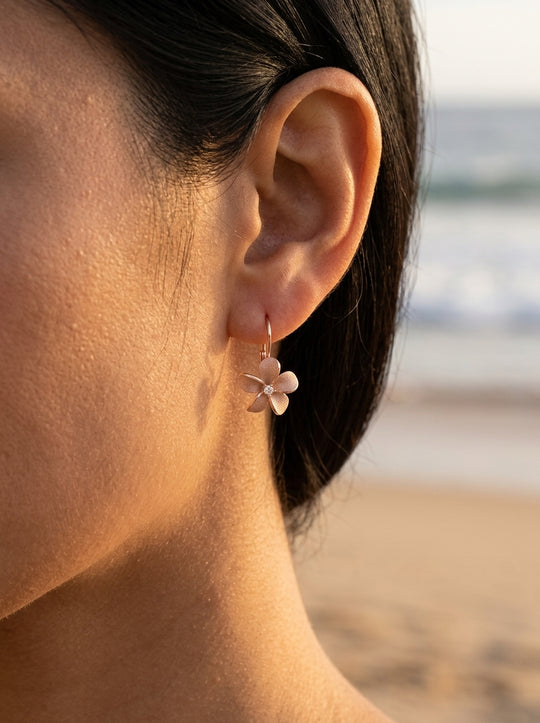 14k Rose Gold 11mm Plumeria Earrings with 2 diamonds