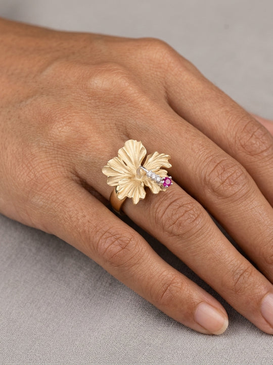 14K 20mm Hibiscus Ring with 3 Diamonds and Ruby