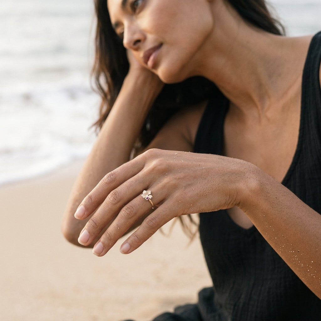 14K Hibiscus Ring with 0.015ct ruby and 0.02ct diamond — worn on model (brunette, view 3)