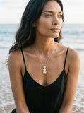 Precious Silver 3 Plumeria Slide Pendant with 3 White Sapphire — worn on model (brunette, view 2)