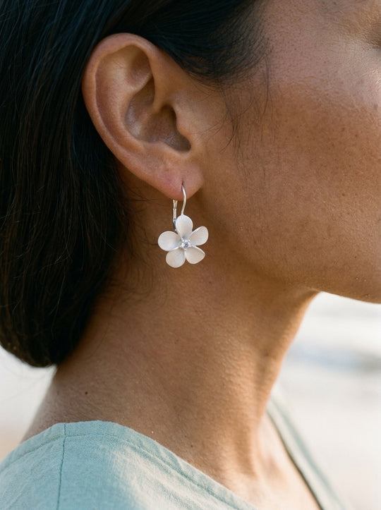 Precious Silver 13mm Plumeria Earrings with 2 White Sapphire