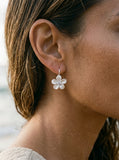 11mm Precious Silver Plumeria Earrings with 2 White Sapphire — close-up on model