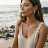 11mm Precious Silver Plumeria Earrings with 2 White Sapphire — worn on model (brunette, view 1)