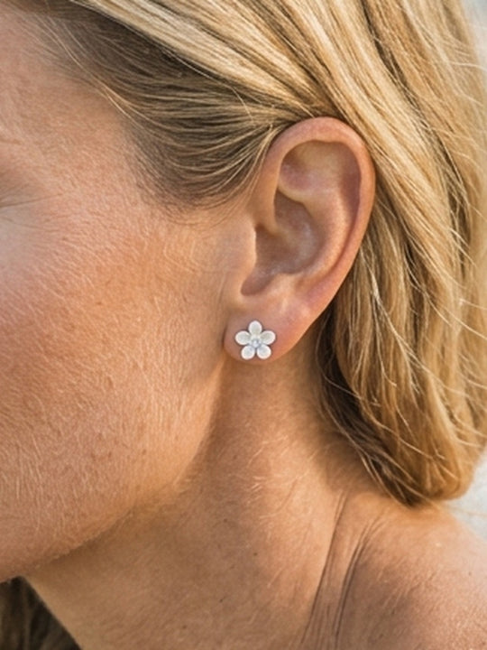 Precious Silver 13mm Plumeria Earrings with 2 White Sapphire