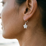 Precious Silver 8mm Plumeria Earrings with 2 White Sapphire — worn on model (brunette, view 4)