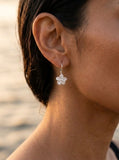 Precious Silver 8mm Plumeria Earrings with 2 White Sapphire — close-up on model