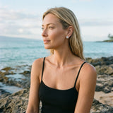 Precious Silver 8mm Plumeria Earrings with 2 White Sapphires — worn on model (blonde, view 1)