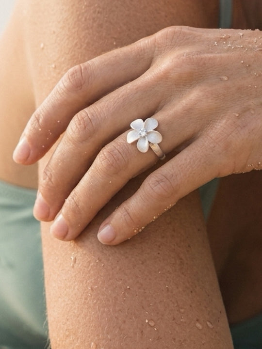 15mm Precious Silver Plumeria Ring with  White Sapphire