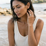 13mm Precious Silver Flower Ring with White Sapphire — worn on model (brunette, view 2)