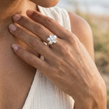13mm Precious Silver Flower Ring with White Sapphire — worn on model (brunette, view 3)