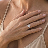 10mm Precious Silver Plumeria Ring with White Sapphire and heavy shank — worn on model (blonde, view 3)