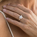 10mm Precious Silver Plumeria Ring with White Sapphire and heavy shank — worn on model (blonde, view 4)