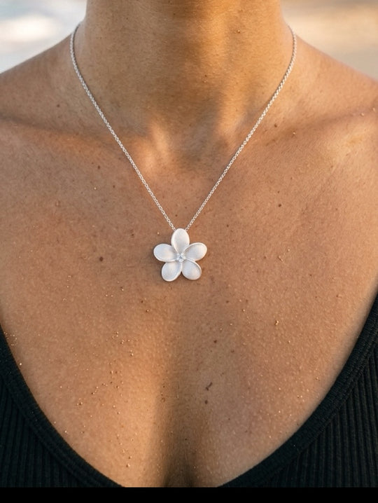 Precious Silver 24mm Plumeria Pendant with White Sapphire