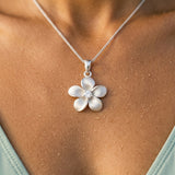 15mm Precious Silver Plumeria Slide with White Sapphire — worn on model (brunette, view 4)