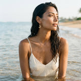 14k 22mm Crab Earrings with 6 Diamonds — worn on model (brunette, view 2)