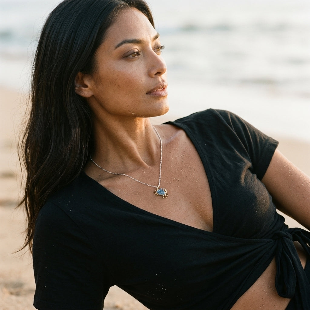 14k 2/tone Crab Pendant with 18 Blue Diamonds — worn on model (brunette, view 3)