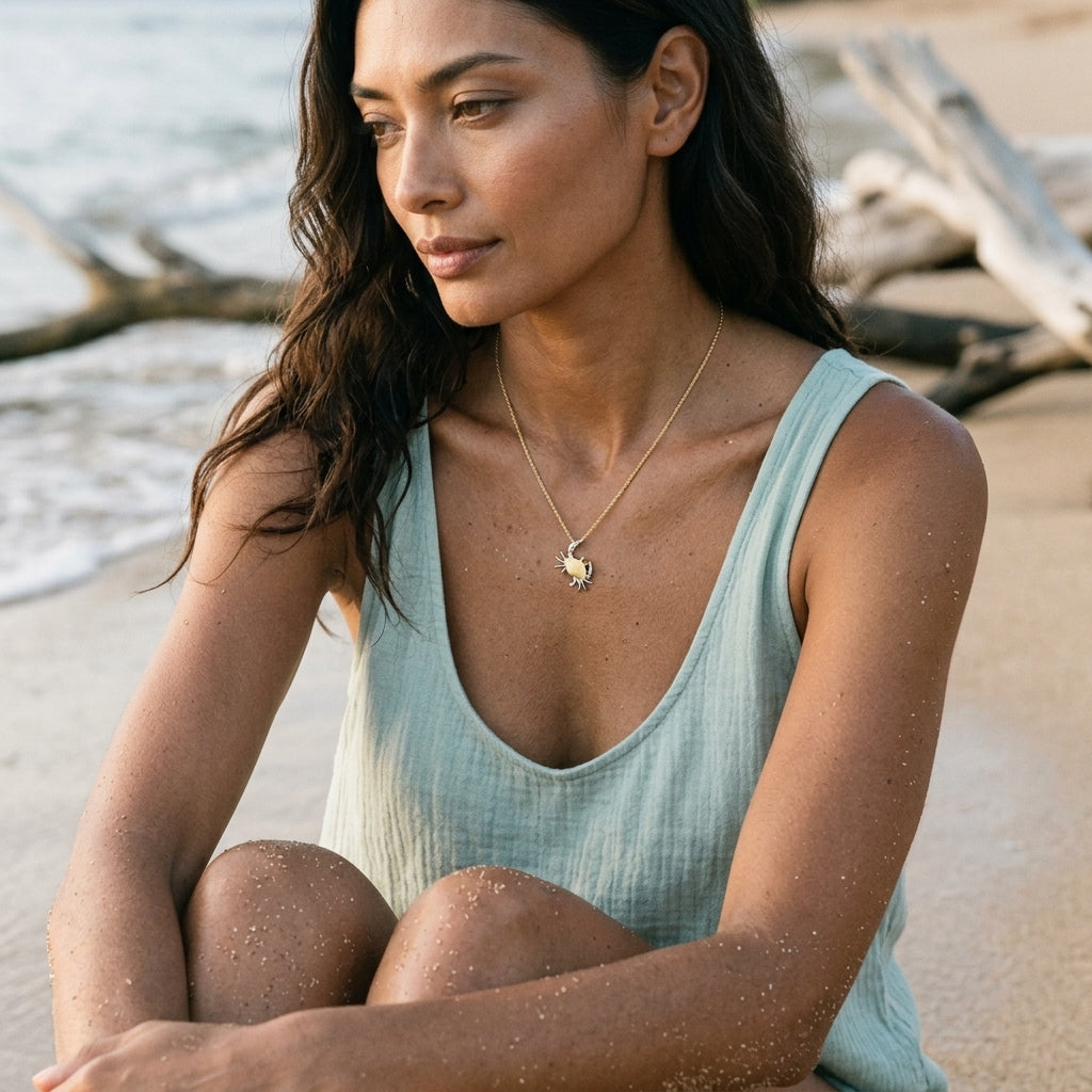 2/tone 14k Crab Pendant with 2 Diamonds — worn on model (brunette, view 1)
