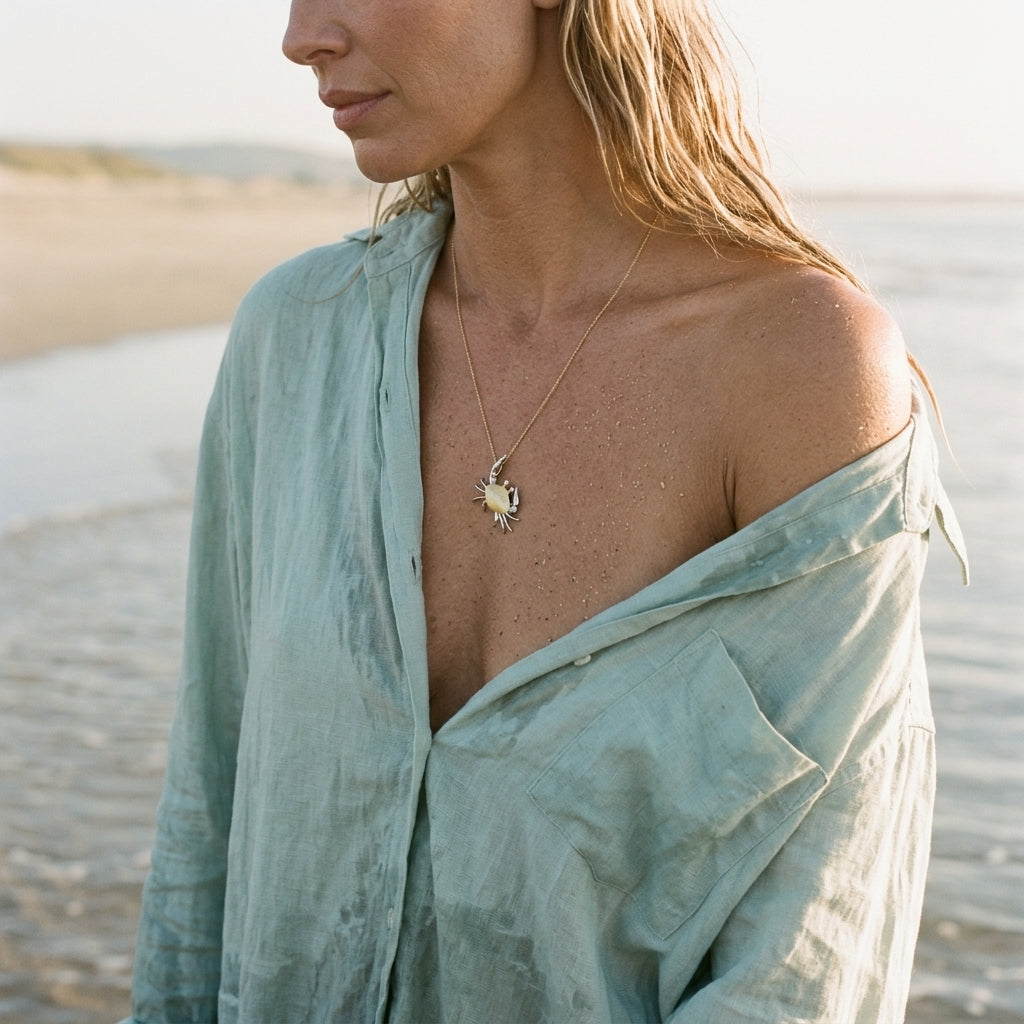 14k 2/tone 18mm Crab Pendant with 2 Diamonds — worn on model (blonde, view 1)