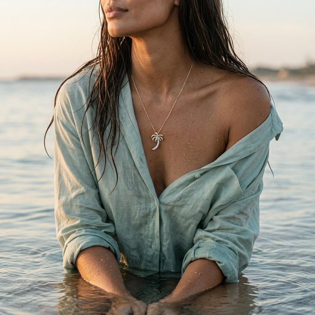 14k 2/tone 30mm Single Palm Tree Pendant with 75 Diamonds — worn on model (brunette, view 1)