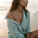 14k 2/tone 30mm Single Palm Tree Pendant with 75 Diamonds — worn on model (brunette, view 2)