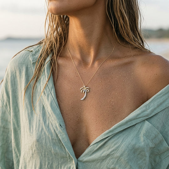14k 2/tone 30mm Single Palm Tree Pendant with 75 Diamonds