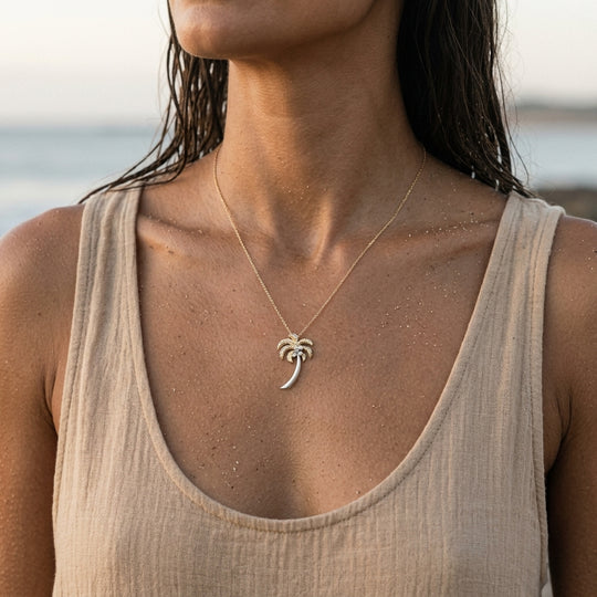 14k 2/tone 30mm Single Palm Tree Pendant with 3 Diamonds
