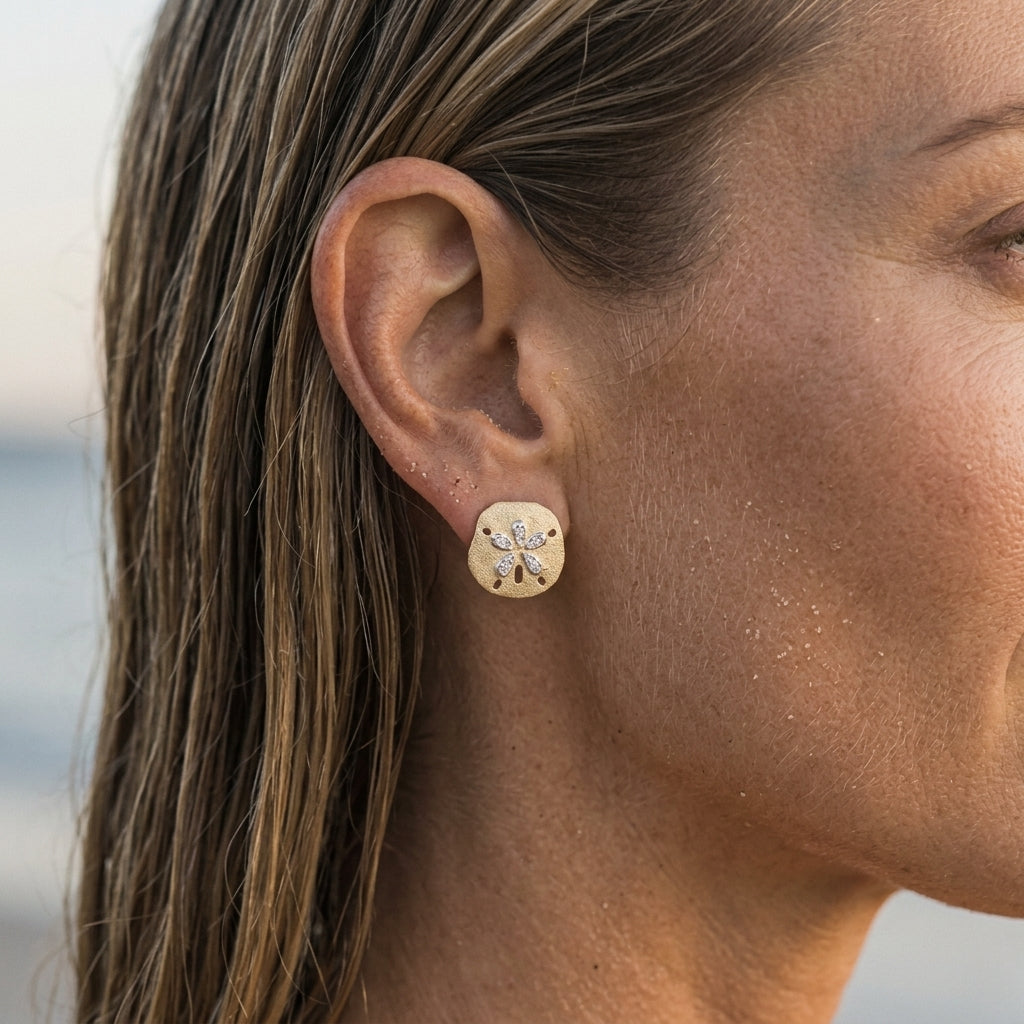 14k 15mm Sand Dollar Earrings with Diamonds — worn on model (blonde, view 3)
