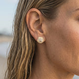 14k 15mm Sand Dollar Earrings with Diamonds — worn on model (blonde, view 4)
