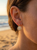 12mm 14k Sand Dollar Earring with 20 diamonds — close-up on model