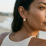 12mm 14k Sand Dollar Earring with 20 diamonds — worn on model (brunette, view 4)