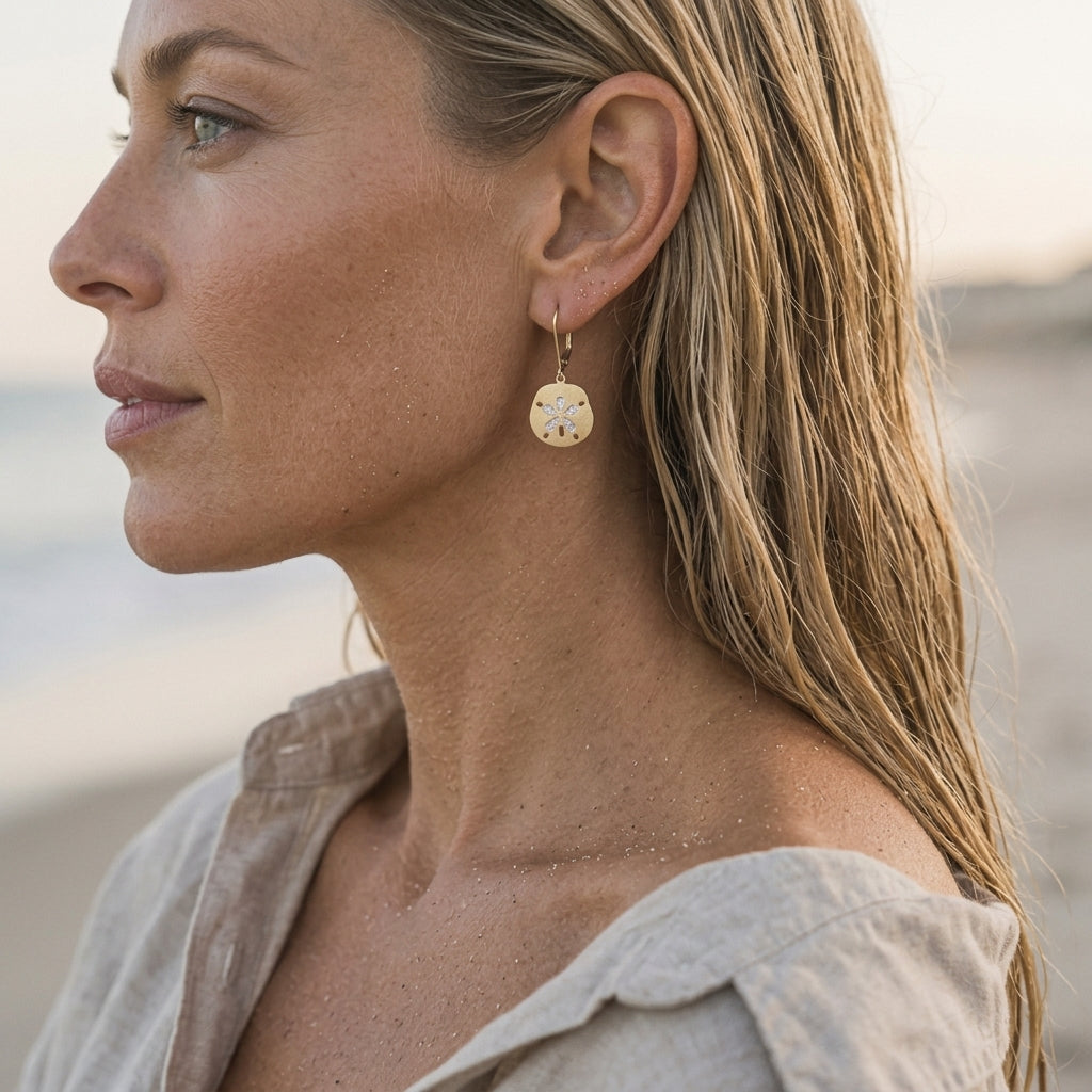 14k 15mm Sand Dollar Earring with 10 Diamonds — worn on model (blonde, view 3)