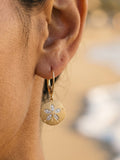 14k 12mm Sand Dollar Earrings with 20 Diamonds — close-up on model