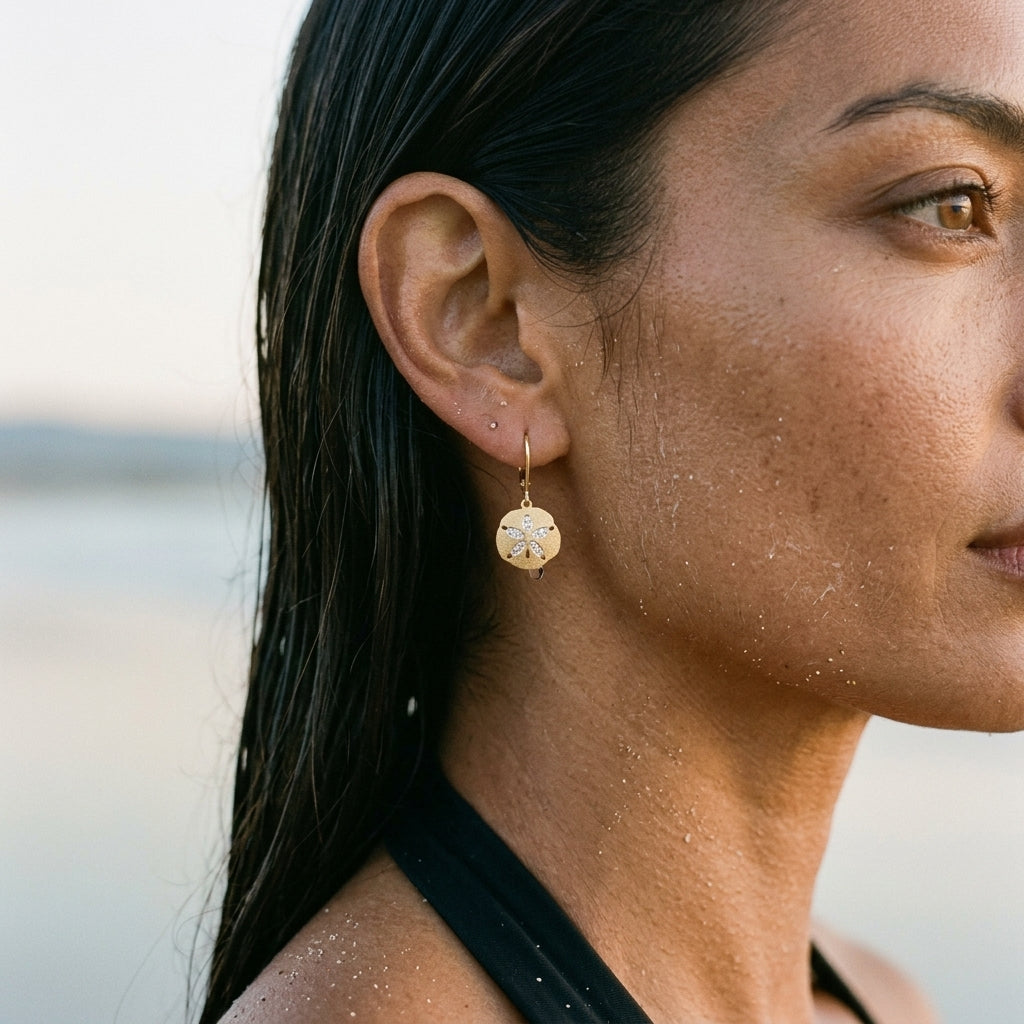 14k 12mm Sand Dollar Earrings with 20 Diamonds — worn on model (brunette, view 3)