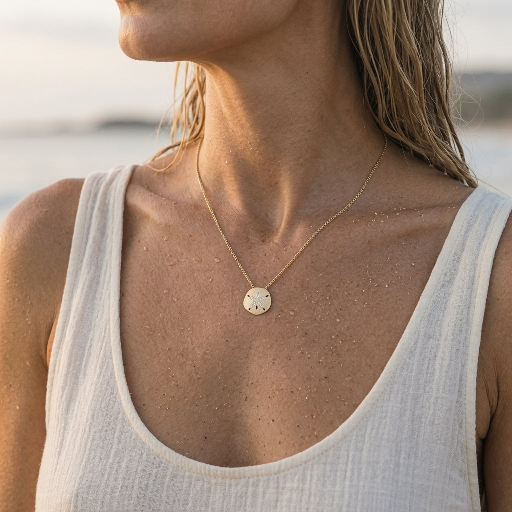 14k 18mm Sand Dollar Pendant with 12 Diamonds — worn on model (blonde, view 3)