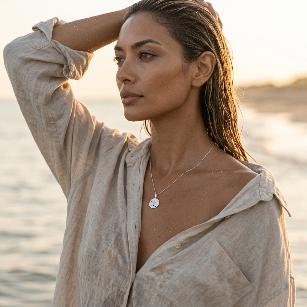 14k 21mm Sand Dollar Pendant with 12 diamonds — worn on model (brunette, view 1)