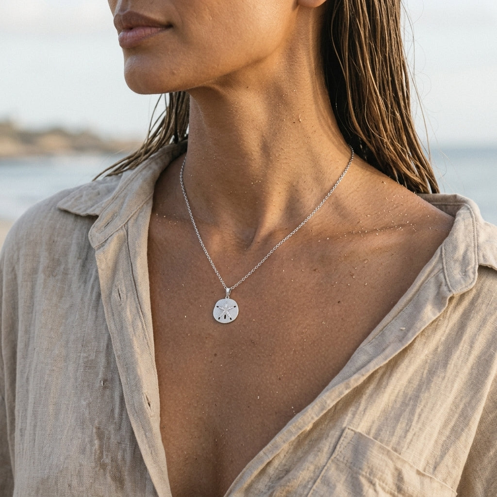 14k 21mm Sand Dollar Pendant with 12 diamonds — worn on model (brunette, view 3)