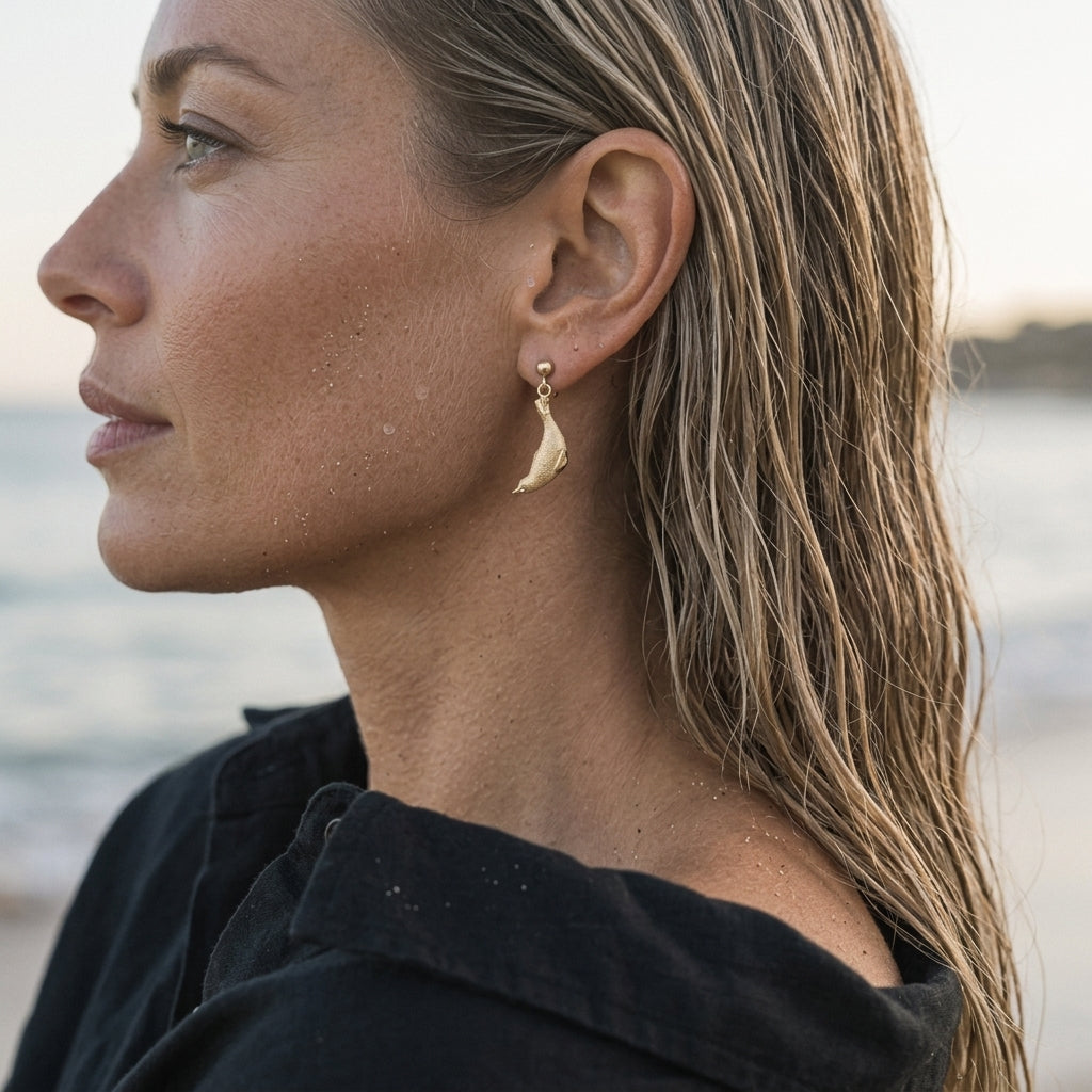 14k 20mm "Diving" Seal Ball Post Earrings with 4 Diamonds — worn on model (blonde, view 3)