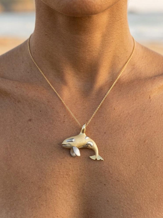 14k 40mm 2/tone (White and Yellow) Killer Whale Pendant with 2 Diamonds